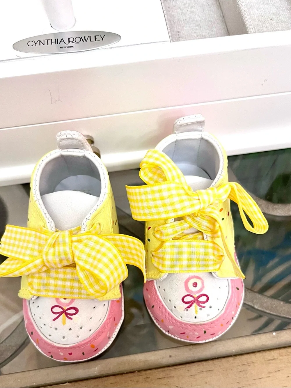 Cynthia Rowley Yellow Gingham Bow Baby Sneakers with Pink Accents